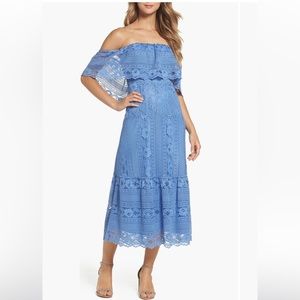 French Blue Lace Off The Shoulder Midi Dress
